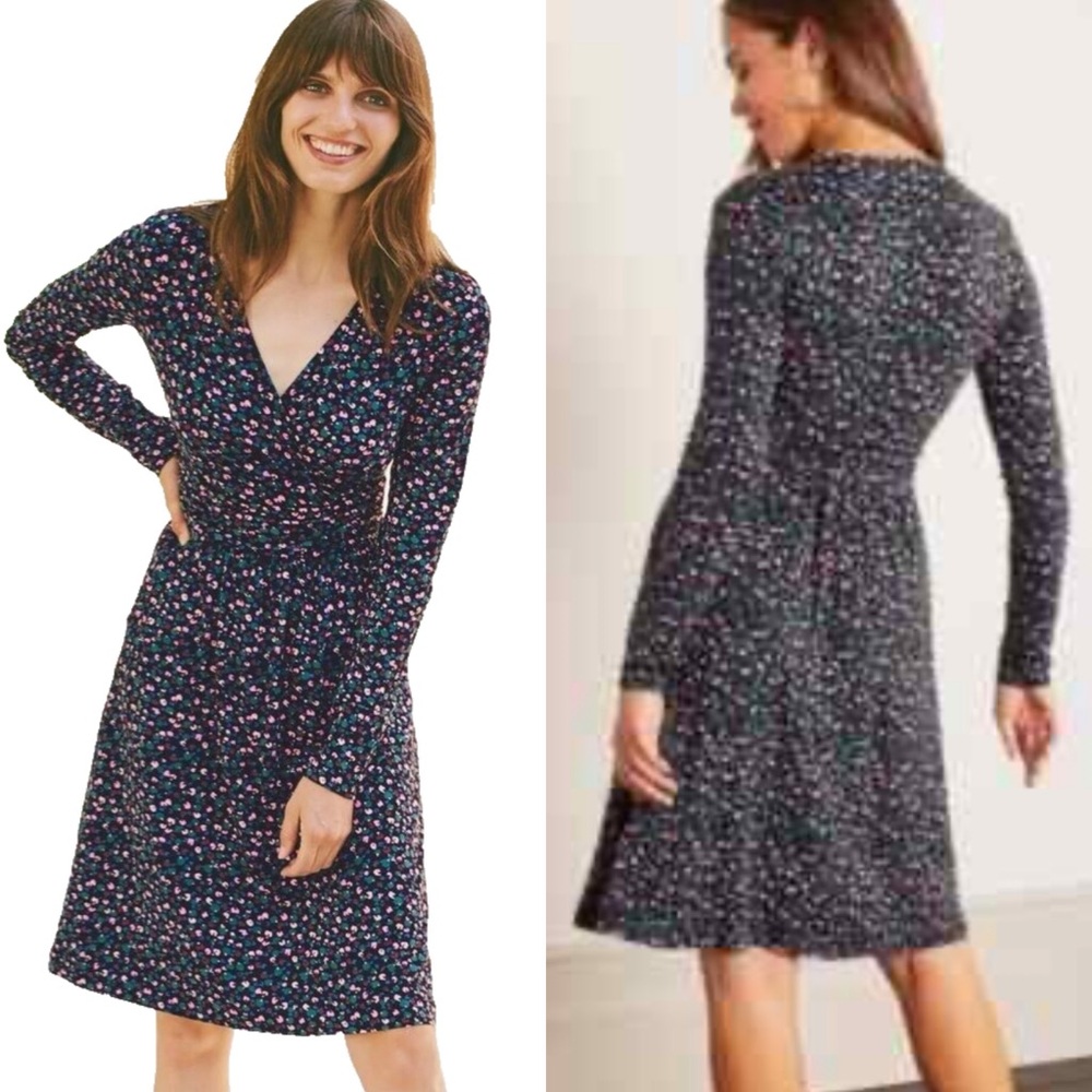 Boden Navy Floral Wrap-Style Dress with Pink & Blue Dots